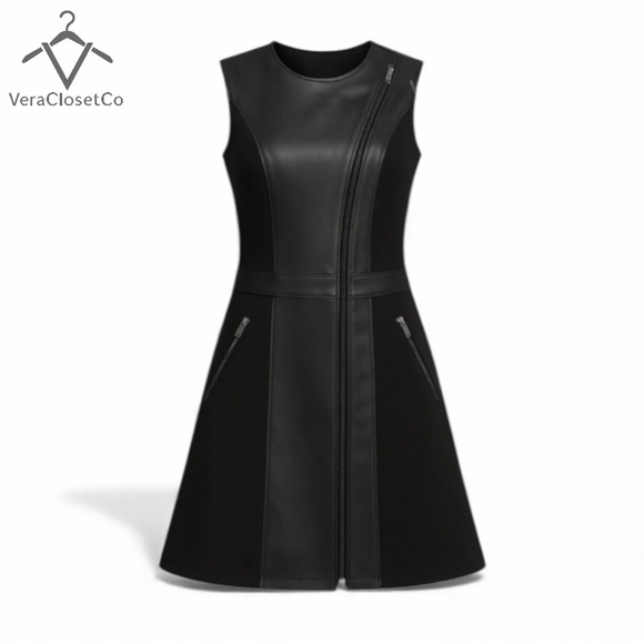 Kathy Heyndels Dresses & Skirts - Kathy Heyndels Black Faux Leather Moto A-Line Dress Size 3 (US Medium)